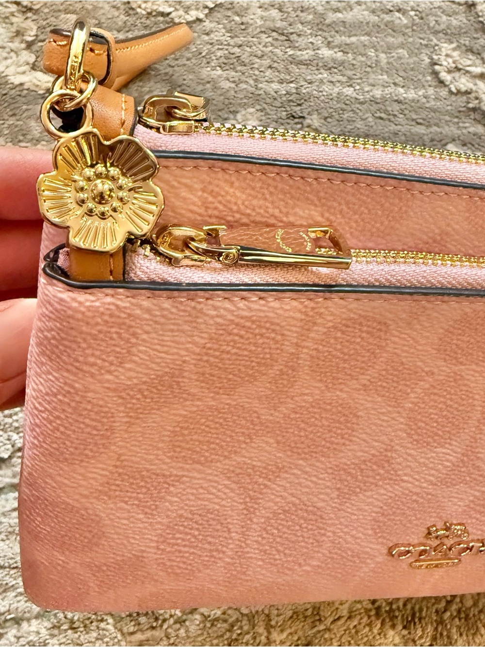 COACH Double Zip Wristlet in Powder Pink with Tea Rose Charm - Picture 5 of 9